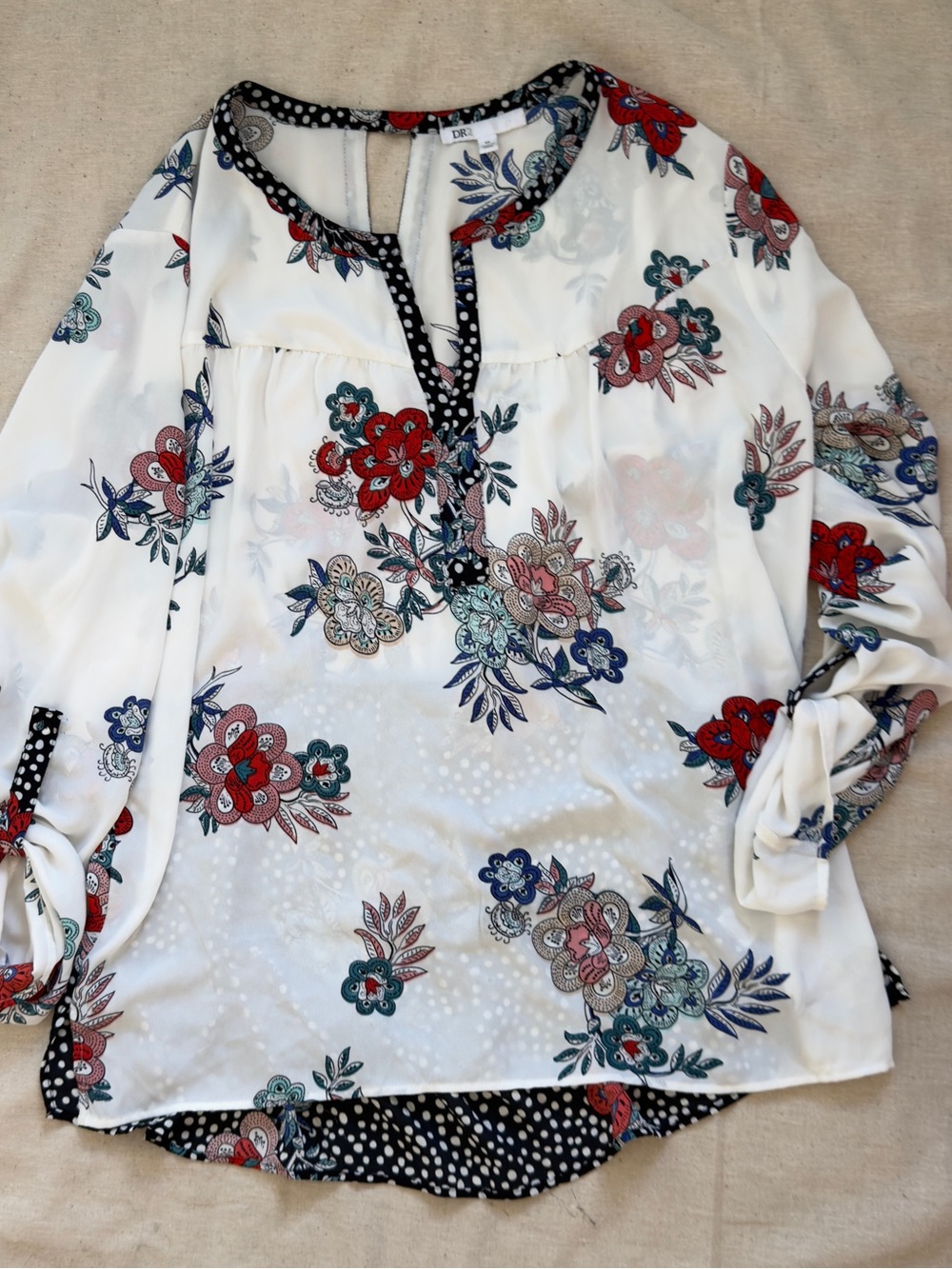 DR2 White Floral Peasant Blouse with Red & Blue Accents